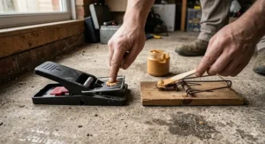 Peanut butter being applied as bait to the trigger pedals of both a plastic snap rat trap and a wooden snap rat trap.