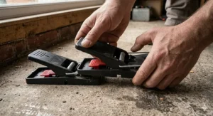 Demonstration of how to safely click and set a modern plastic snap rat trap with one hand.