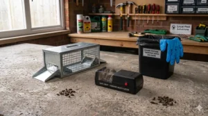 An illustration demonstrating the hygienic, no-touch mechanism of a plastic snap rat trap being compressed to safely release a pest into a waste bin.