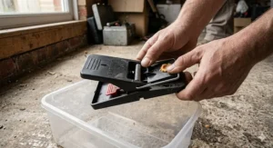 Showing the hands-free release mechanism of a plastic snap rat trap for hygienic disposal of caught rodents.