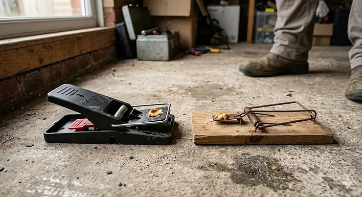 A comparison between a modern plastic snap rat trap and a traditional wooden snap rat trap on a concrete garage floor.
