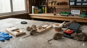 A pest control technician wearing gloves while positioning a snap rat trap along a timber beam near loft insulation.