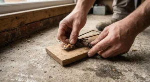 Close-up of hands carefully setting the metal spring tension on a traditional wooden snap rat trap.