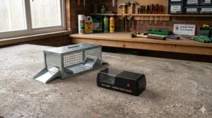 A side-by-side comparison of a traditional wooden break-back rat trap and a modern, easy-to-set moulded plastic snap trap.