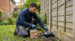 A British pest control technician placing brodifacoum rat poison grain bait along a garden fence line.