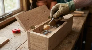 Applying peanut butter bait to the trigger plate inside a tunnel rat trap before setting it.