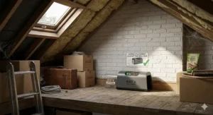 An illustration showing correct placement of an electric rat trap against a wall inside a UK loft or garden shed.