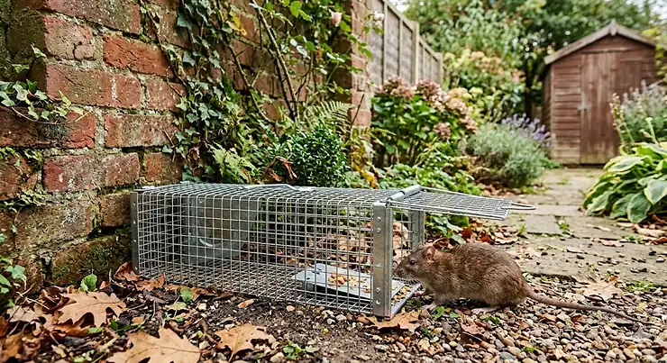 The best live catch rat trap placed along a brick garden wall in a British backyard, showing safe and humane rodent control.