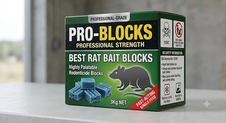 A box of the best rat bait blocks shown against a clean background, displaying UK safety warnings and professional-grade labeling.