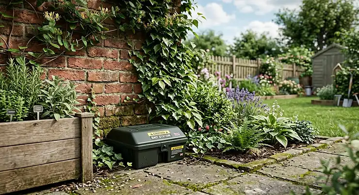 Best rat bait station placed discreetly along a garden brick wall in a UK backyard to control rodents safely.