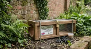 Close-up of the best tunnel rat trap featuring a lockable safety box for secure outdoor positioning.