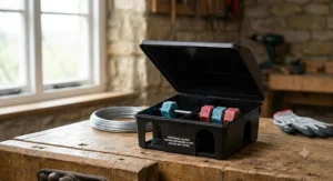 Professional-grade brodifacoum rat poison bait blocks secured inside a tamper-resistant rodent bait station.
