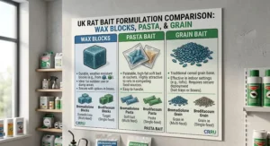 Comparison of wax block, pasta, and grain rat bait formulations containing bromadiolone or brodifacoum