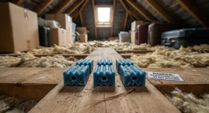 Multi-feed bromadiolone rat bait blocks laid out safely in a loft space to target nesting brown rats.