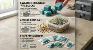 Comparison chart showing bromadiolone rat poison bait formats including weather-resistant wax blocks, whole grain, and soft pasta sachets.