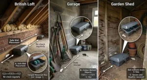 Diagram of recommended placement points for bromadiolone rat poison along wall edges in a British loft, garage, and garden shed.