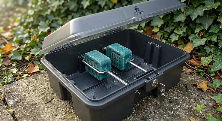 Diagram showing bromadiolone rat poison bait blocks safely secured inside a lockable, tamper-resistant bait station for UK pest control.