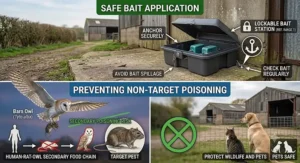 Illustration demonstrating safety precautions when using bromadiolone rat poison to prevent non-target secondary poisoning in barn owls and pets.