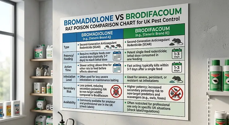 Comparison chart showing key differences between bromadiolone vs brodifacoum rat poison for UK pest control
