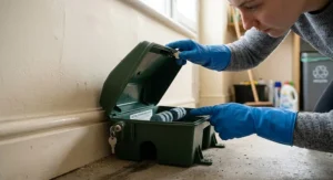 A person using a safety key to open a locked bait station and safely inspect brodifacoum bait levels using gloves.