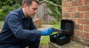 An illustration showing a homeowner opening a bait station to inspect and safely replenish rat bait blocks.