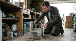A person checking a live catch rat trap in a British garage to ensure captive rodents are not left distressed.