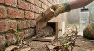 Checking a tunnel rat trap during a morning inspection for a successful catch in a British garden.