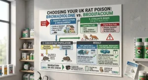 Decision guide helping UK homeowners choose between bromadiolone vs brodifacoum rat poison treatments