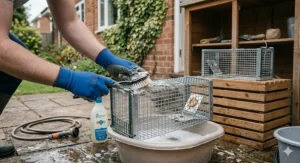 Washing a reusable humane rat trap with soapy water outside a UK home before storing it away.