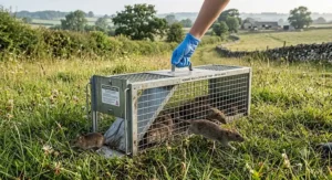 Releasing captured rodents safely into the countryside far from residential homes after using a multi catch rat trap.