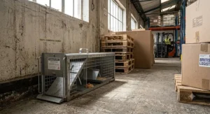 A heavy duty multi catch rat trap positioned along a wall inside a commercial British warehouse.