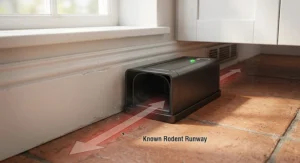 A household placement guide showing an electronic rat trap positioned parallel against a kitchen skirting board along a known rodent runway.