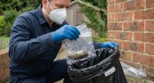 Safely disposing of a rodent carcass in a double-bagged bin liner whilst wearing protective gloves and face covering.