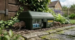 Dual entry rat bait station with a tunnel design illustrating how rats enter from either side for effective pest control.