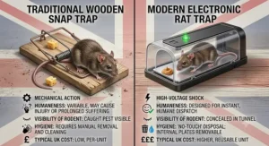 A comparison graphic detailing whether electronic rat traps work more effectively and humanely than traditional wooden snap traps.