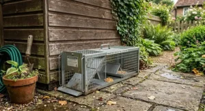 A durable galvanised steel multi catch rat trap positioned next to a wooden garden shed.