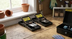 Pair of heavy-duty rat snap traps set up for quick rodent control in a garage