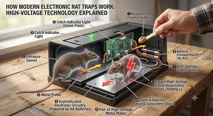 An annotated diagram explaining how modern electronic rat traps work using high-voltage metal plates to instantly dispatch pests. do electric rat traps work