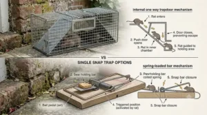 An illustrated diagram showing the internal one way trapdoor mechanism of a multi catch rat trap vs single snap trap options.
