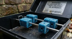 Close-up of highly effective rat bait blocks with pre-drilled holes threaded securely onto metal rods inside a tamper-proof bait box.