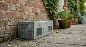 A galvanized steel multi catch rat trap designed for catching multiple rodents without harm, placed along a brick wall.
