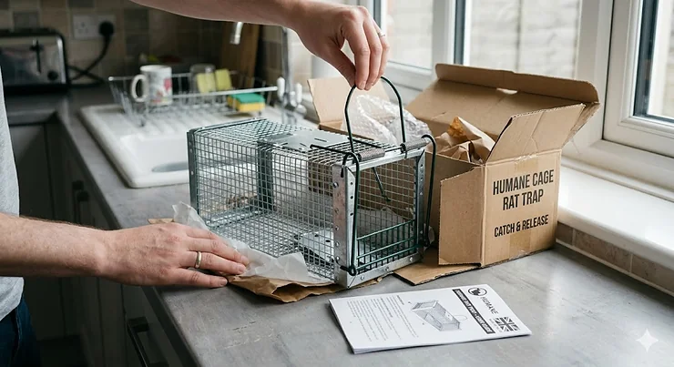 A humane rat trap being unpacked in a UK kitchen showing the main cage trap mechanism and instruction manual. how to use a humane rat trap