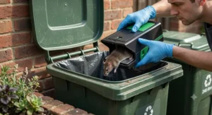 An illustration showing the clean and hygienic disposal of a rodent from an electronic trap directly into a British wheelie bin.