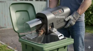 A person hygienically emptying a triggered electronic rodent trap directly into a household wheelie bin without touching the pest.