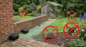 A diagram highlighting safe bait station placement away from domestic dogs, cats, and British garden wildlife like hedgehogs.