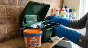 Securing brodifacoum rodenticide blocks safely inside a locked, tamper-resistant rat bait station to protect non-target animals.