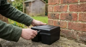Using a plastic key to lock a tamper-resistant rat bait box, ensuring pets and children cannot open it.