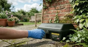 A secure lockable rat bait station with a safety key showing child and pet resistant features for British homes.