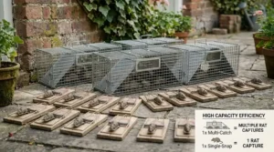 An illustration demonstrating the high capacity efficiency of a multi catch rat trap vs single snap trap alternatives for larger infestations.