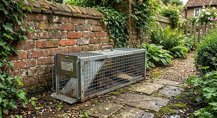 A metal multi catch rat trap placed along a brick wall in a British garden for humane pest control.